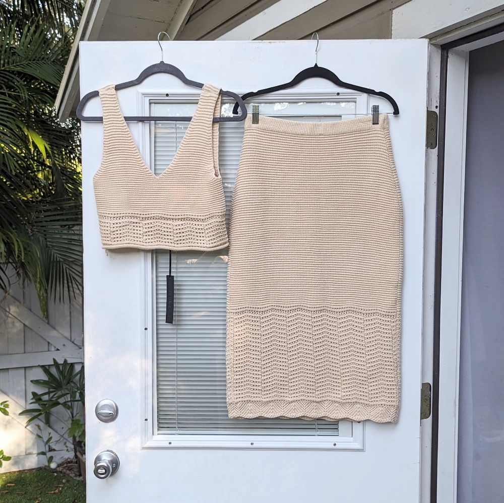House of Harlow 1960 Revolve 2PC Beige Crochet Set: Skirt & Top, size M